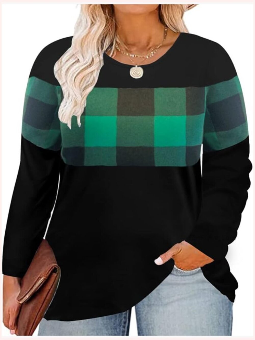 Plus Size Color Block Long Sleeve Crew Neck Tee Tunic